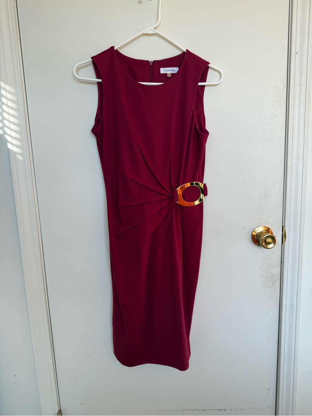 Calvin Klein Sleeveless Wine Sheath Dress with Gold Buckle